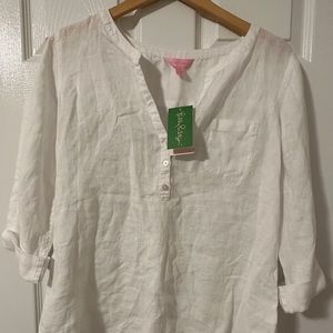 White Lilly Pulitzer linen tunic 3/4 length button cuffed sleeves, medium, NWT
